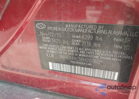 2011 Hyundai Sonata Gls из США, поврежденный, VIN 5NPEB4AC1BH203601